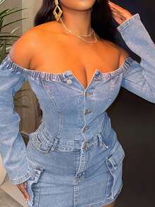 Chea Andrea 女士露肩长袖纽扣半开襟实用口袋修身牛仔连衣裙 - 藍色 - 查看 5