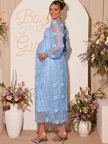 Loomaby Elegante vestido de maternidad de malla bordada con flores para fiesta - Celeste - Ver 2