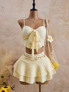 Bellisia Bộ bikini nữ thắt nơ phía trước, vạt áo bất đối xứng, chất liệu vải dệt họa tiết, đồ bơi ngọt ngào cho tiệc bãi biển và kỳ nghỉ hè, trang phục đi biển cho phụ nữ. - Màu vàng - Xem 1