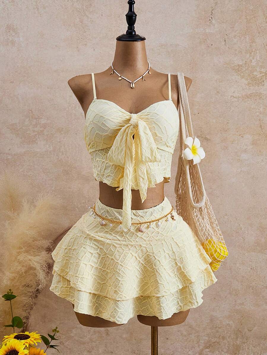 Bellisia Bộ bikini nữ thắt nơ phía trước, vạt áo bất đối xứng, chất liệu vải dệt họa tiết, đồ bơi ngọt ngào cho tiệc bãi biển và kỳ nghỉ hè, trang phục đi biển cho phụ nữ. - Màu vàng - Xem 1