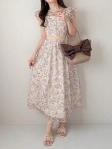 FRIFUL 女士圆领短袖束腰印花连衣裙夏季款 - 灰色 - 查看 8