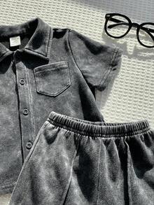 SHEIN 2件套男女宝宝休闲时尚扎染雪花黑色短袖针织衫短裤套装，男宝宝套装，短袖上衣 - 黑色 - 查看 6