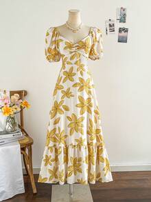 Soleia 女士度假风彩色花卉印花泡泡袖荷叶边下摆浪漫婚礼/毕业典礼/返校派对可爱休闲单身派对复古夏季橙色热带图案印花长裙 - 黃色 - 查看 5