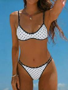 Swim Vcay 2026 New Women's Summer Beach Vacation Elegant Spaghetti Strap Backless Sexy Reversible Black & White Polka Dot Print High Cut Hollow Out Bikini Swimsuit Set - Multicolor - View 4