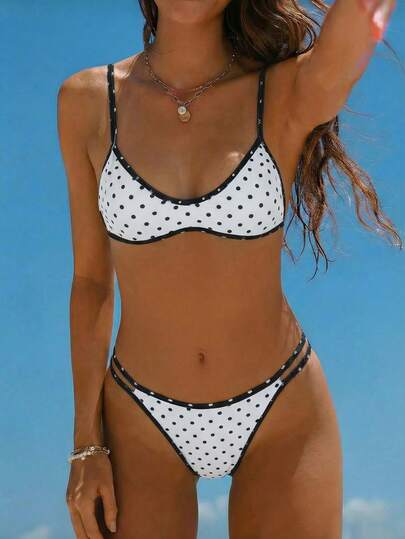 Swim Vcay 2026新款女士夏季沙滩度假优雅吊带露背性感双面黑白波点印花高衩镂空比基尼泳衣套装