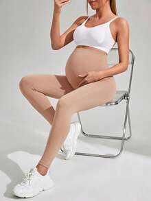 SHEIN Quần legging bầu không đường may, cạp cao nâng đỡ, hỗ trợ bụng rộng rãi - Màu be - Xem 5