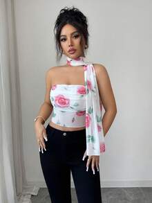Elenzga 浪漫红色花卉印花网纱围巾装饰褶皱抹胸上衣，优雅女士休闲度假衬衫，时尚红色印花上衣 - 粉色 - 查看 3