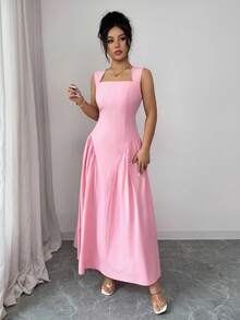 Elenzga 优雅无袖A字连衣裙，腰部褶皱设计，裙摆呈喇叭形，适合休闲、派对、度假、婚礼等各种场合，时尚粉色连衣裙 - 粉色 - 查看 4