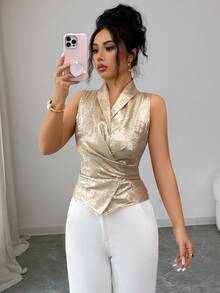 Elenzga 女士夏季外出、约会、新年、情人节、复活节、母亲节、音乐节、中东风情、婚礼、优雅、复古、休闲、通勤、浪漫、度假裹身式褶裥腰带修身无袖衬衫，金色箔面面料 - 金色 - 查看 4