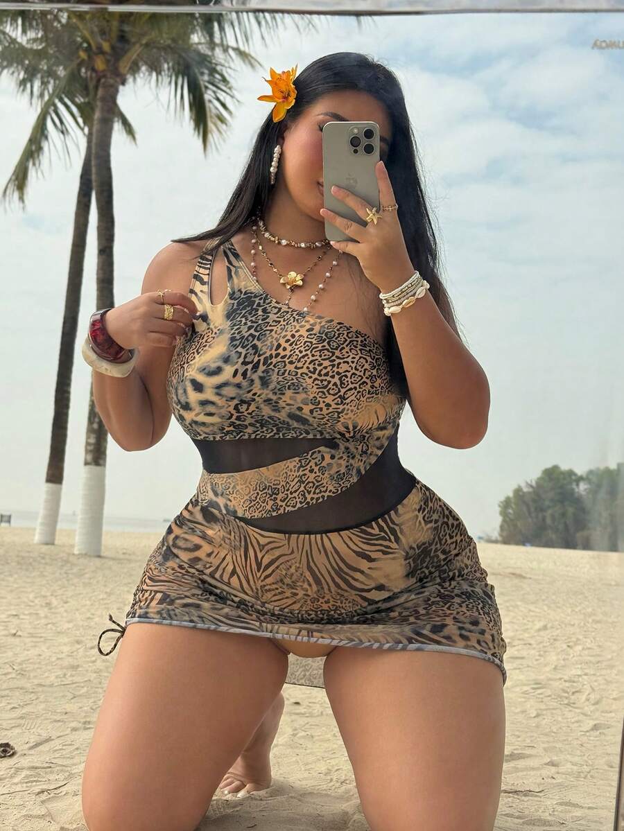 Swim Lushoire Plus Size Women's Swimsuit With Mesh Patchwork, Solid Black Color, Ruched Triangle Bottom - Black - View 1