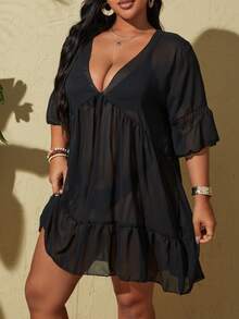 Swim Lushoire 大尺碼度假海灘純色深V領透視遮陽裙 - 黑色 - 查看 4