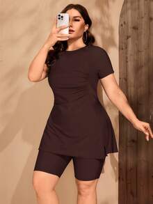 Swim Mulvari Plus Size Women Burkini Set, Ruched Side Tankini Swimwear, Slate Blue - Brown - View 1