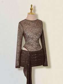 SHEIN ICON Women's Brown Floral Chic Summer Club Night Sheer Round Neck Lace Patchwork Jumpsuit And Mini Skirt 2 Pieces Set,Wedding Guest Party Outfits - Brown - View 6