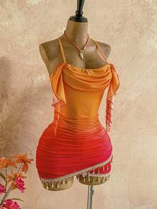 Soleia Women's Sunset Ombre Red Orange Floral Chiffon Mini Dress,Boho Summer Beach Vacation Holiday Outfits,Music Festival,Party,Island Cruise Summer Outfit - Multicolor - View 3