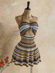 Soleia Women's Vacation Casual Colorblock Striped Backless Halter Knit Dress - Multicolor - View 4