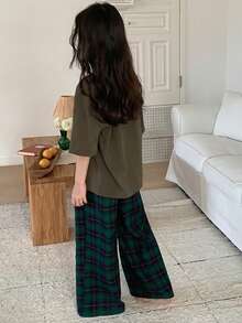 Dazy Kids 少女字母印花圆领短袖上衣和格子阔腿裤休闲家居服睡衣套装（夏季款） - 軍綠色 - 查看 2