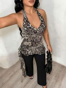 SHEIN SXY Top halter con espalda descubierta y volantes con estampado de leopardo sexy y de moda - Marrón - Ver 1