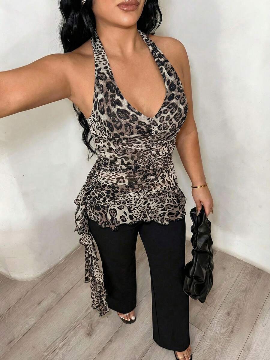 SHEIN SXY Top halter con espalda descubierta y volantes con estampado de leopardo sexy y de moda - Marrón - Ver 1