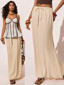 Poéselle 女士抽绳腰条纹长款休闲裙，夏季女士沙滩度假裙 - 杏色 - 查看 7