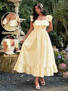 Lyrianda Yellow,Summer,Curve,Party,Holiday Modest Plus Size Women Elegant Striped Woven Dress,Double Ruffle Sleeve,Full Button Decor,Ruffle Hem Midi Dress - Multicolor - View 1