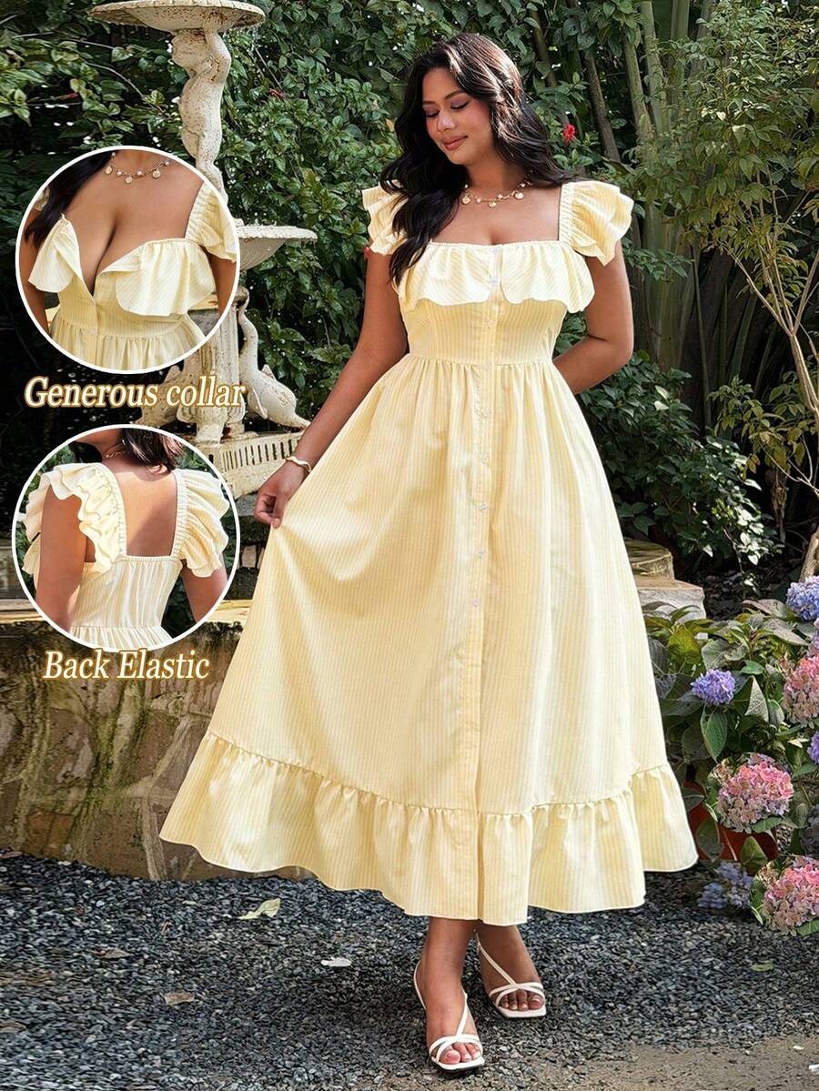 Lyrianda Yellow,Summer,Curve,Party,Holiday Modest Plus Size Women Elegant Striped Woven Dress,Double Ruffle Sleeve,Full Button Decor,Ruffle Hem Midi Dress - Multicolor - View 1