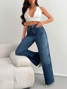 Women Flower Print Washed High Waist Straight Denim Jeans - Dark Wash - View 6