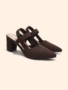 CUCCOO BASICS Women's Coffee Colored Comfortable Breathable Woven Elastic Slip-On Pointed Toe Chunky Heel Pumps For Christmas Spring Shoes - Brown - View 7