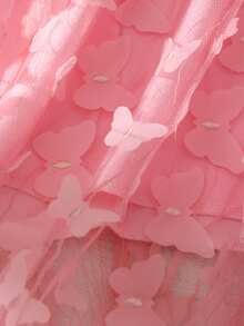 女童无袖纯色立领3D蝴蝶网纱连衣裙，优雅可爱，适合派对和玩耍，夏季 - 粉色 - 查看 9