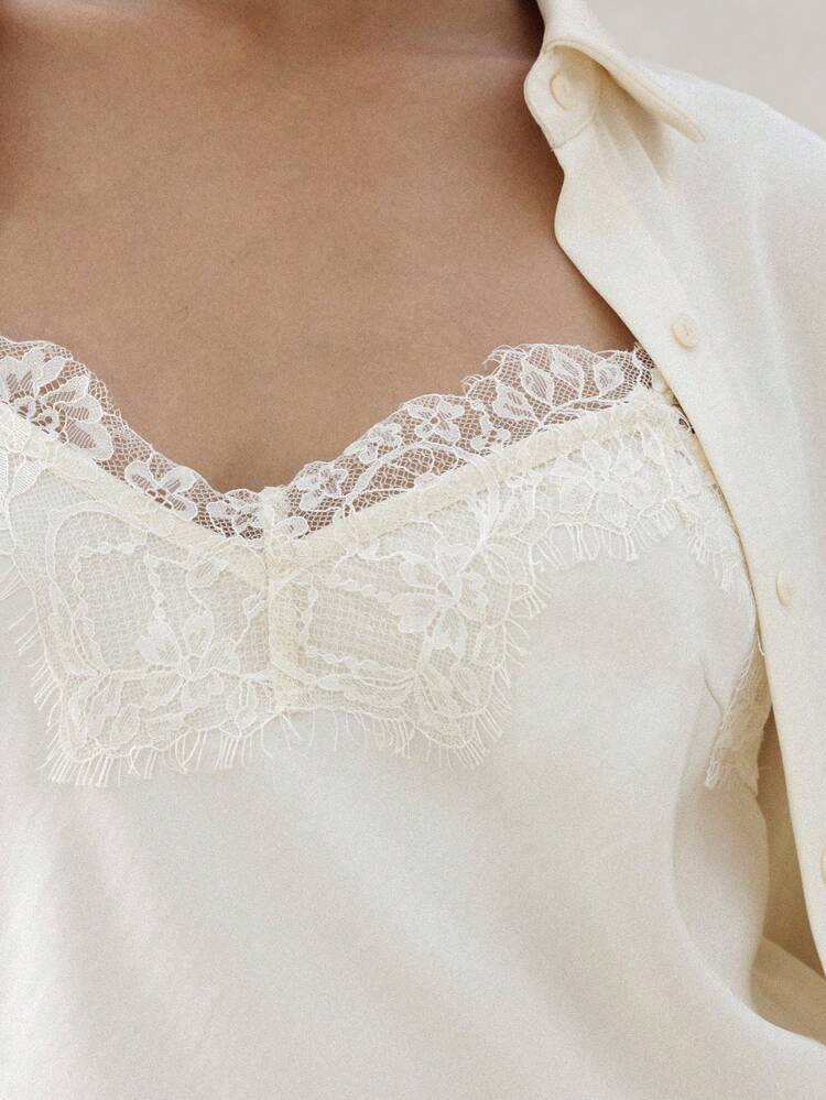 KSTM Cream Satin Slip Camisole With Lace Trim And Matching Button Down Blouse Two Piece Coordinating Set For Elegant Layered Looks