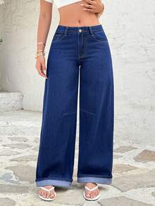 Rivivi 女士口袋纽扣休闲百搭日常穿着阔腿牛仔裤 - 深色水洗藍 - 查看 5