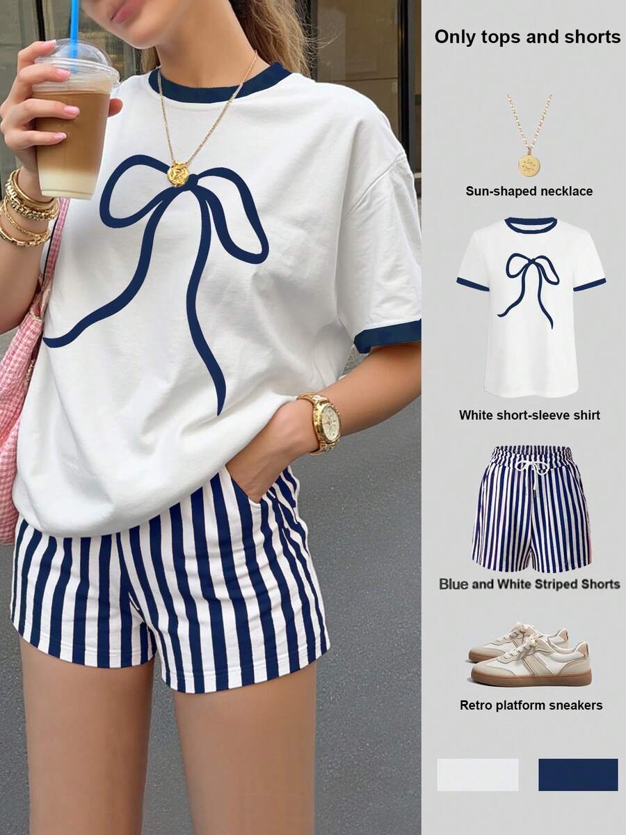 Jouncy Bộ đồ hai mảnh mùa hè dành cho nữ, quần short kẻ sọc trắng xanh, áo thun nữ dáng rộng, bộ đồ cơ bản bán chạy nhất, họa tiết nơ. - Nhiều màu - Xem 1