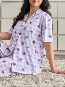SHEIN Women PLUS SIZE 2 Pcs Button Front With BEAR&PLAID Pattern Shoert Sleeved Shirt & Long Pants Homewear Cute Comfort Casual Pajama Set - Multicolor - View 5