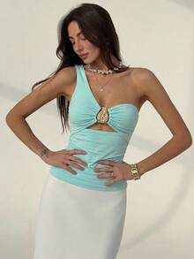 Aloruh Women's Light Blue Metal Buckle Decor Shoulder Top, Spring/Summer - Mint Green - View 4