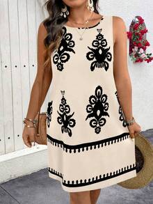 SHEIN Clasi Plus Size Women Casual Slimming Print Sleeveless Dress - Apricot - View 5