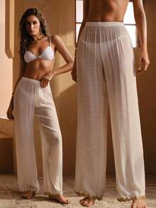 SHEIN Swim Chicsea 26SS 女士春夏沙滩罩裤，优雅明星同款浪漫风，轻薄竹纤维面料，显瘦拉长，乳白色，适合沙滩、度假、派对、日常穿着 - 米色 - 查看 1