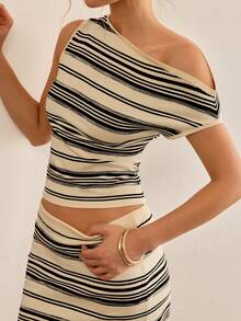 SHEIN Off Sholder Short Sleeve Knit Top And Mini Skirt Summer Knit Set - Black and White - View 2