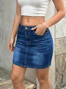 SHEIN ICON Chân váy ngắn denim dáng ôm, chất liệu denim mài, thích hợp cho nữ mùa hè. - Rửa tối - Xem 3