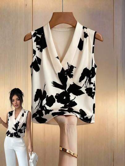 Elenzga Elegant Sleeveless V-Neck Top With Ink Print, Lightweight Acetate Satin Fabric, Suitable For Daily Wear And Office, Women Cow Print Flower Tops For Women Statement TopThe Black-And-White Ink-Wash Floral Pattern, With Its Blend Of Oriental Freehand Aesthetics, Features A Timeless And Sophisticated Black-And-White Contrast That Transcends Age BoundariesElegant, Vacation, Casual,, Graduation Season Wear, Fashionable Casual Commuter Wear, Business Office Wear, Versatile Fashionable Everyday Casu