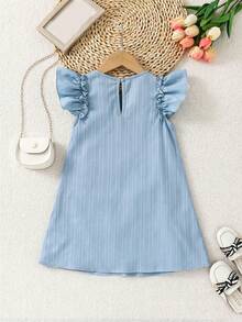 SHEIN 女童纯色圆领荷叶边下摆休闲连衣裙 - 藍色 - 查看 6