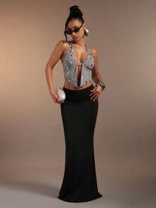 Hauture Áo kiểu nữ gợi cảm với chi tiết cúc ngọc trai, cổ yếm, lưng hở. - Màu Xám nhạt - Xem 5