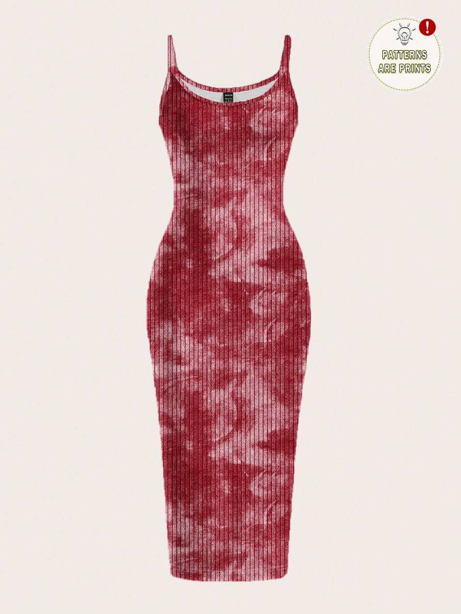 SHEIN EZwear 休闲简约街头风红色全幅扎染印花修身长裙，适合夏季穿着 - 彩色 - 查看 1