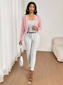 SHEIN Lady Women's Elegant Commuter Solid Color Lace Thin Jacket Lace Cardigan - Pink - View 3