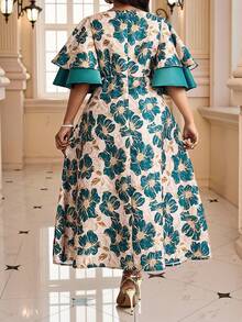 Fleurora 大码夏季优雅提花撞色荷叶袖中长连衣裙 - 彩色 - 查看 3