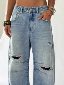 TRNVIE Women's Casual Washed Low-Waist Distressed Denim Jeans - Light Wash - View 2