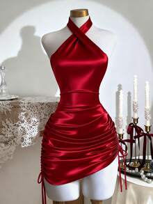 Franclia Fitted Sexy Halter Neck Criss-Cross Backless Ruched Drawstring Dress For Women - Red - View 3