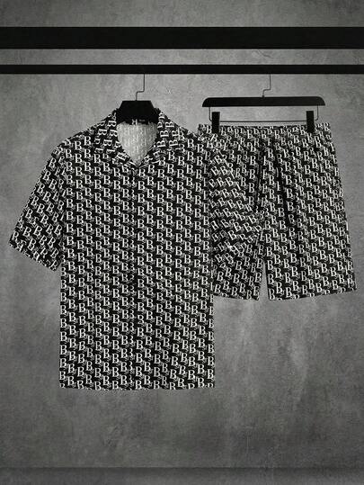 HIMLAND Men's Letter Print Short Sleeve Single-Breasted Shirt Paired With Shorts Set Vegas Night Outfit Men Men Two Piece Set Men Tshirt Suit Set Men S Co Ord Set Men Black And White Set