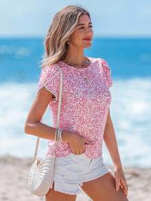 Sylviya 碎花印花花瓣袖圆领短袖夏季度假衬衫 - 玫紅色 - 查看 3