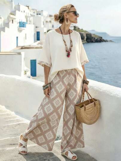 Linhara CURVE طقم قطعتين من ملابس علوية ذات حافة غير متماثلة وبنطال ذو ساق واسعة مطبوع بالكامل، ملابس كاجوال للتنقل والعطلات، مناسب للربيع/الصيف/الخريف