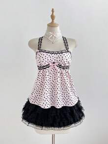 Elamini 粉色爱心印花撞色黑色蕾丝拼接蝴蝶结装饰吊带荷叶边下摆娃娃衫，适合春夏穿着，休闲度假风，波西米亚风，优雅可爱，浪漫百搭。 - 粉色 - 查看 5