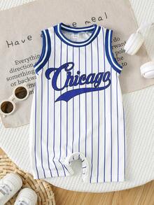 SHEIN Unisex Newborn Baby Boy/Girl Casual Cute Sports Style Sleeveless Jumpsuit, Knit Outfit Set, Spring/Summer Baby Clothes Toddler Baseball Outfit Baseball Outfit Baby Boy Baby Baseball Romper Baseball Baby Baby Baseball Outfit Boy Baby Clothes - Royal Blue - View 3